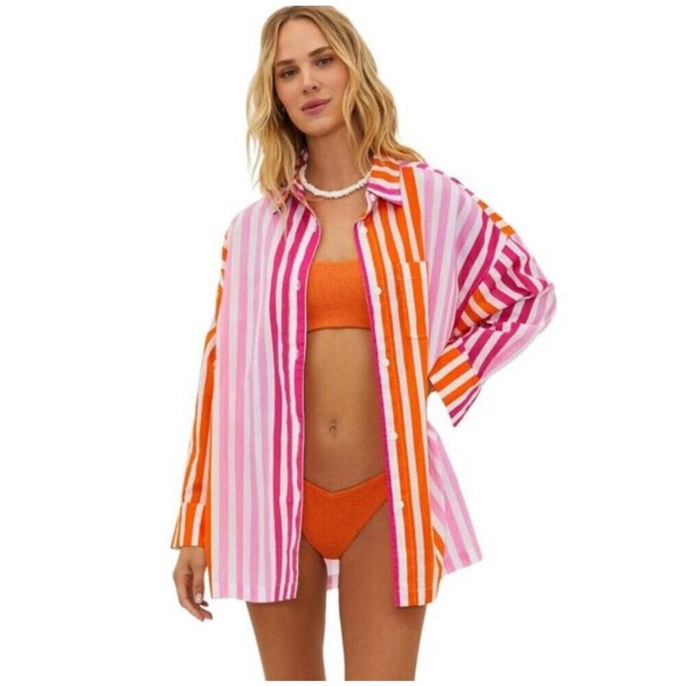 Beach Riot Alexa Pink Orange Stripe Button Down Size LP